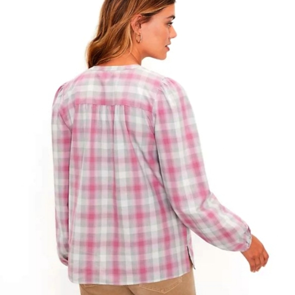 NWT LOFT Pink Plaid Smocked Yoke Button Front Blouse - Size XS - Picture 11 of 14